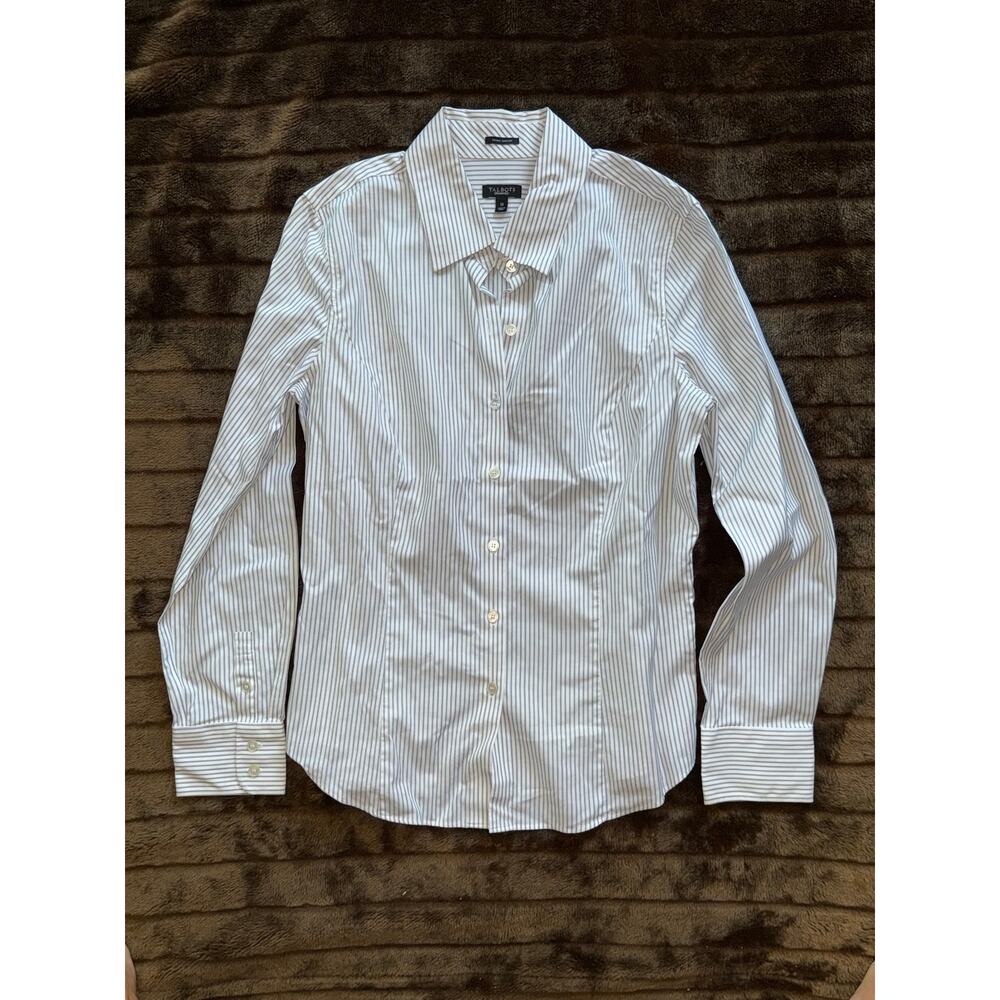 Talbots 10 Smooth‎ White Dress Blouse W/ Black Stripes Wrinkle Resistant